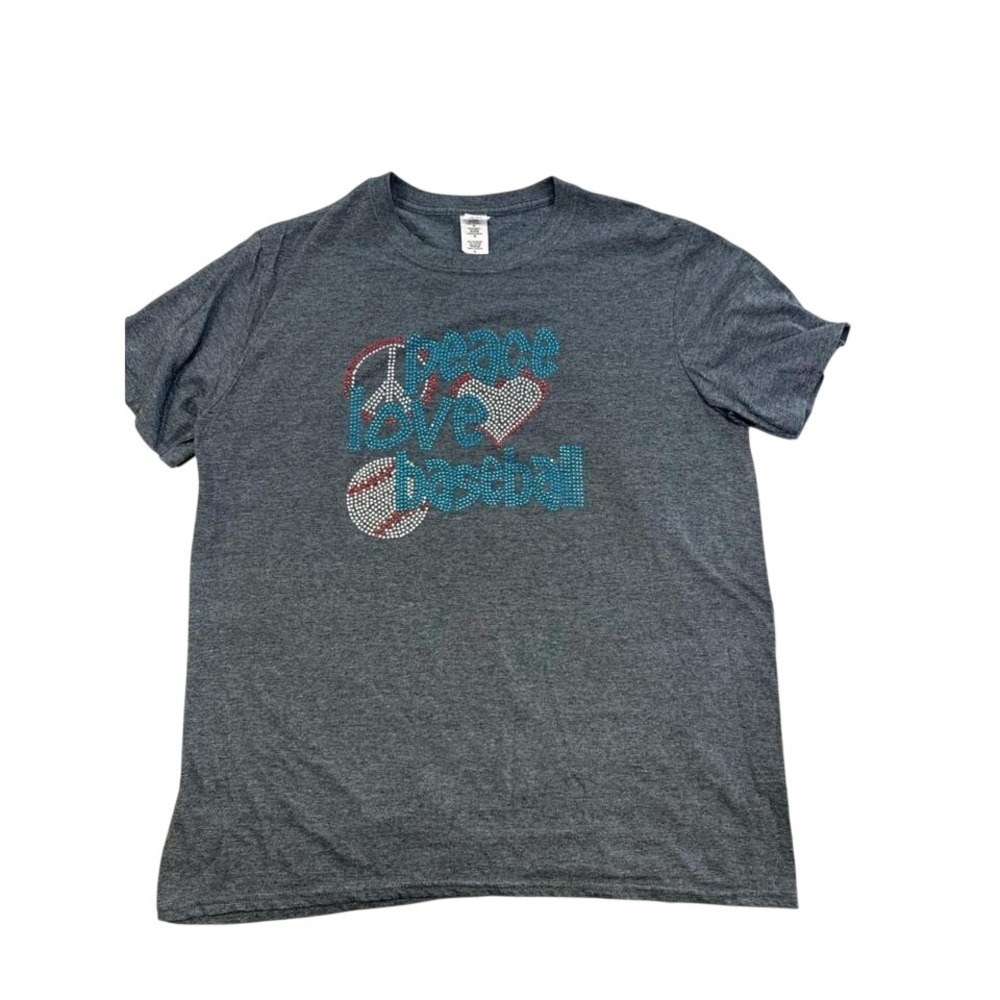 Gildan Peace Love Baseball Rhinestone Graphic T-Shirt Grey Women L Sporty Tee